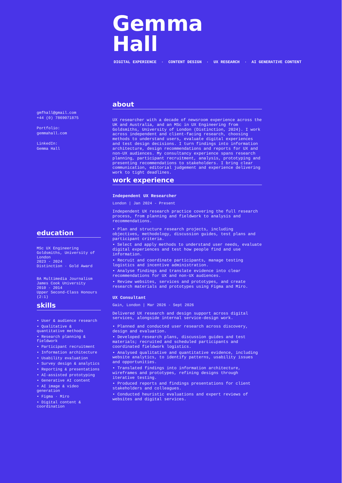 Gemma Hall CV, page 1