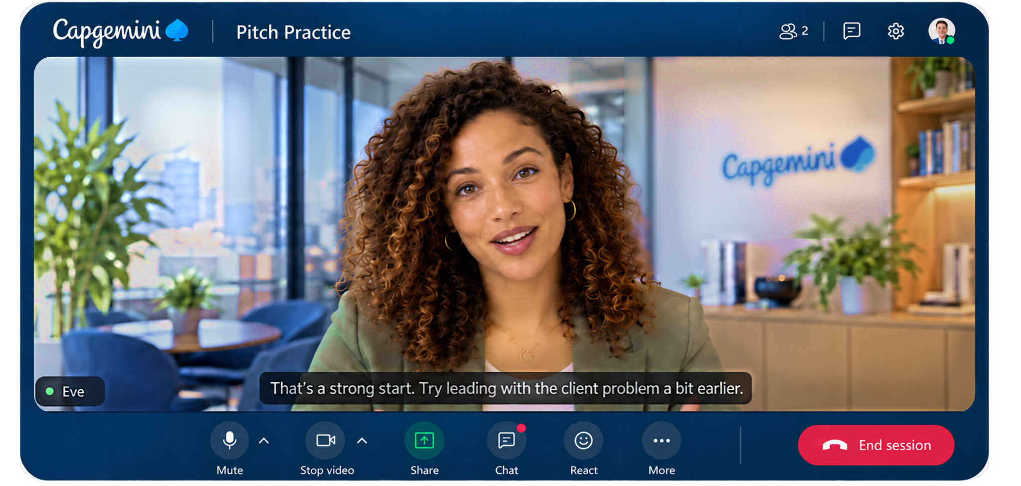 EdenAI interface with a virtual coach giving spoken feedback during a pitch practice session