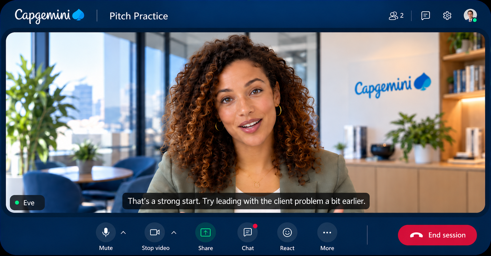 EdenAI interface with a virtual coach giving spoken feedback during a pitch practice session