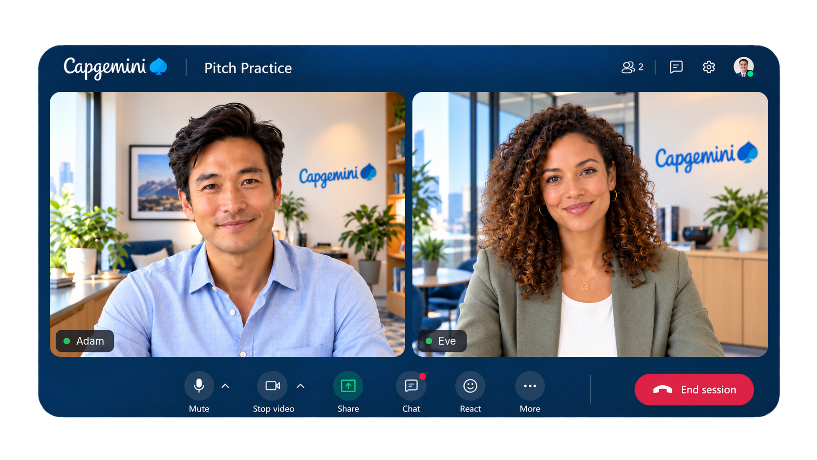 Adam and Eve in the Capgemini Pitch Practice coaching interface