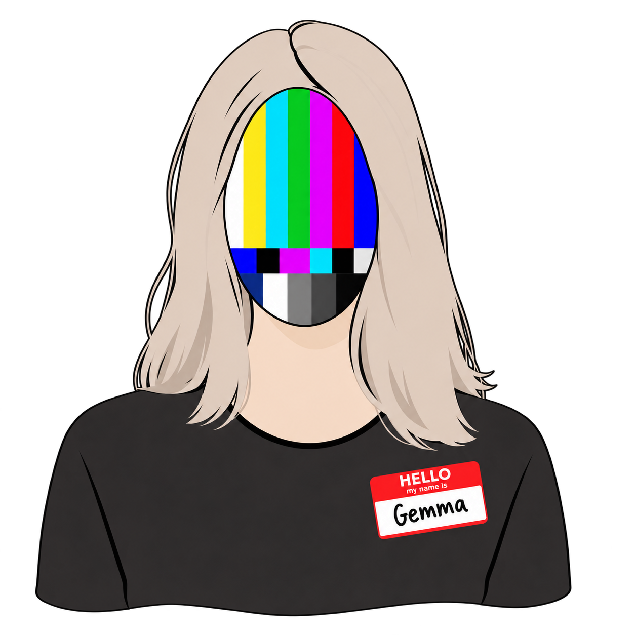 Illustrated portrait of Gemma Hall with television colour bars over her face