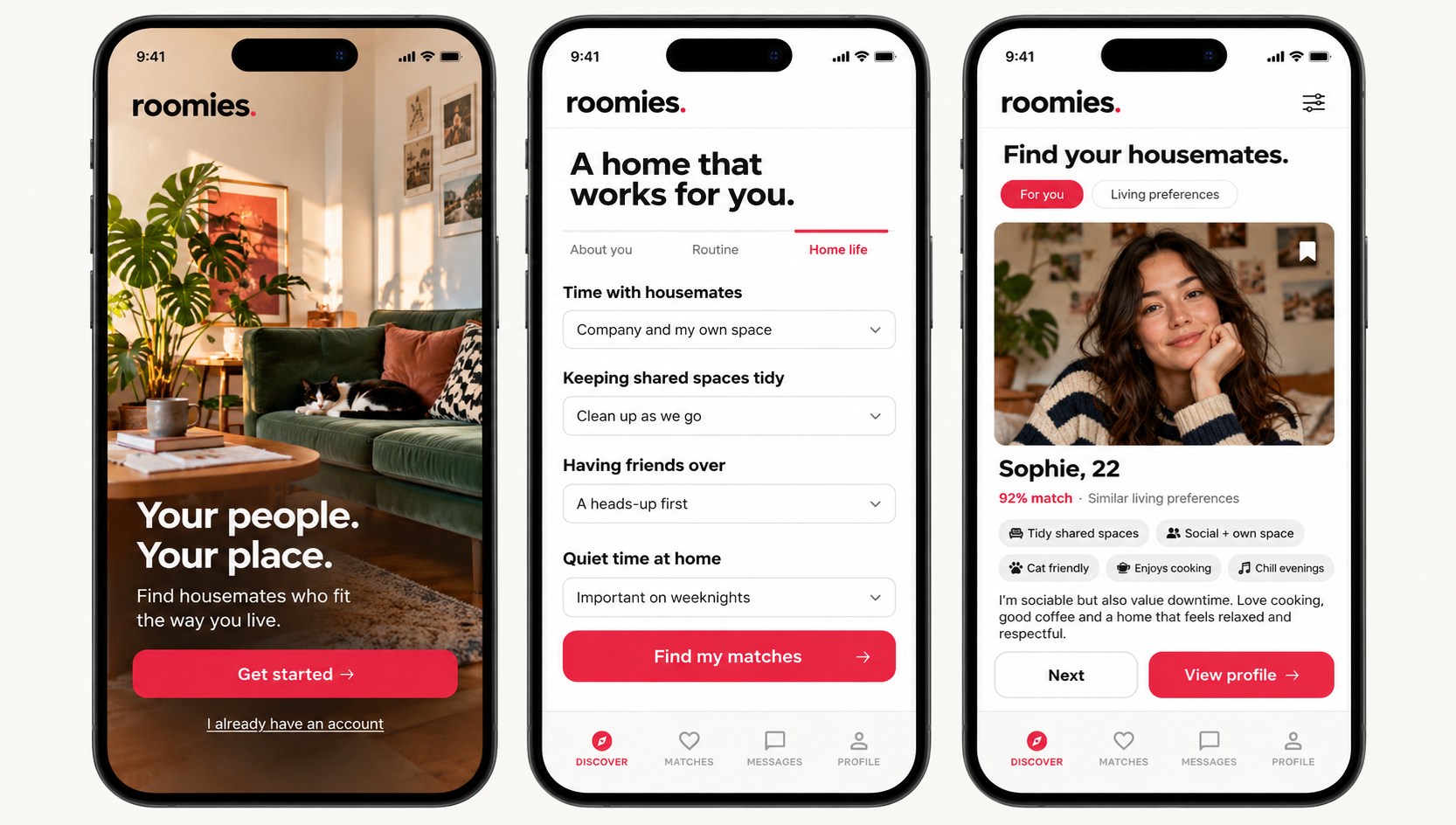 Roomies app mockup showing a welcome screen, housemate compatibility quiz and illustrative housemate discovery profile