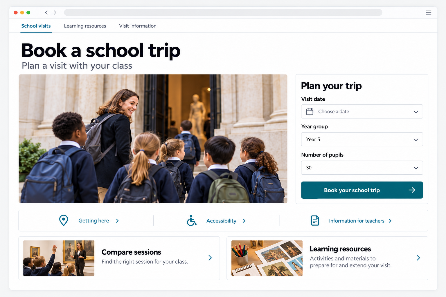 Simplified school trip planning interface with a class visit image, booking details, practical information, session comparison and learning resources
