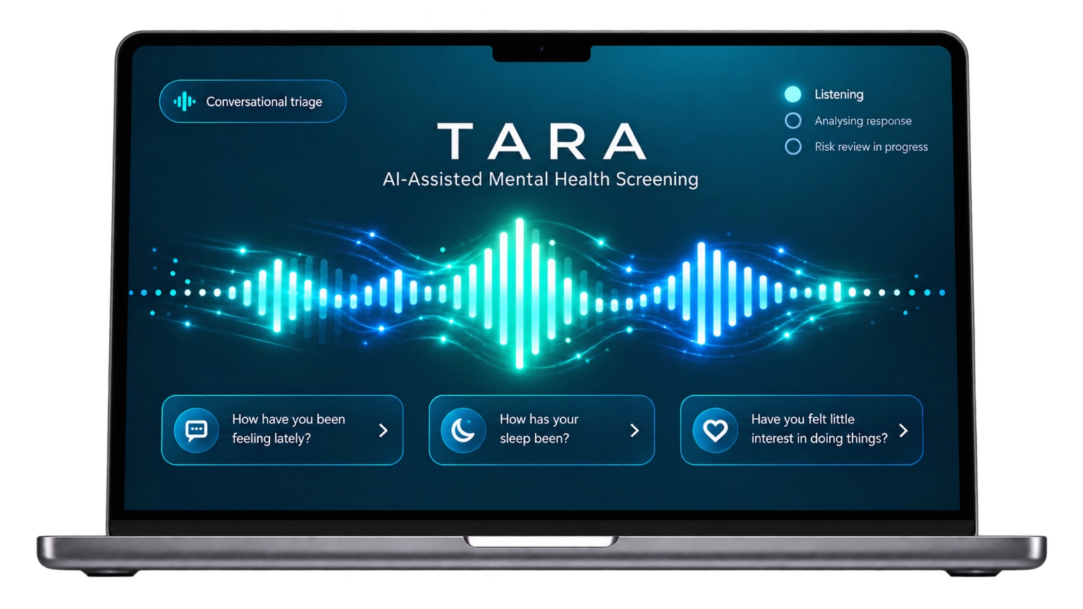 TARA mental health screening interface on a laptop, with a gently pulsing voice waveform
