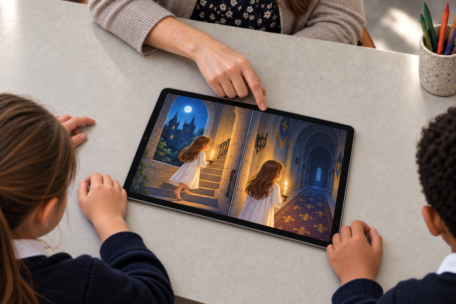 Illustrative scene of a teacher and two school pupils using a tablet to view illustrated castle story scenes.
