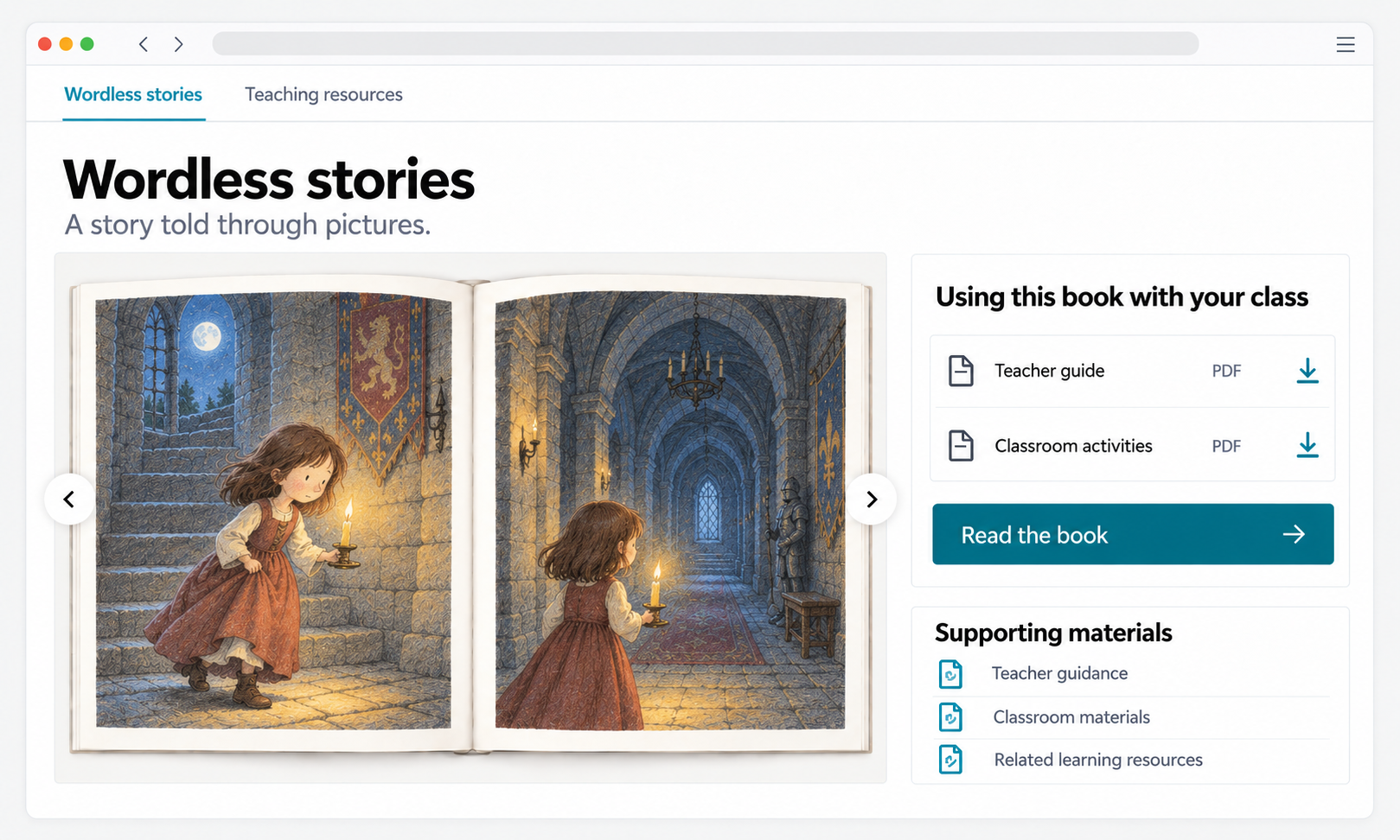 Simplified Wordless Stories interface showing a picture-only storybook, classroom guidance and supporting resources.